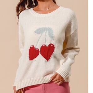 SO ME Heart Cherries Knitted Valentine Sweater Top NEW Cream Off White